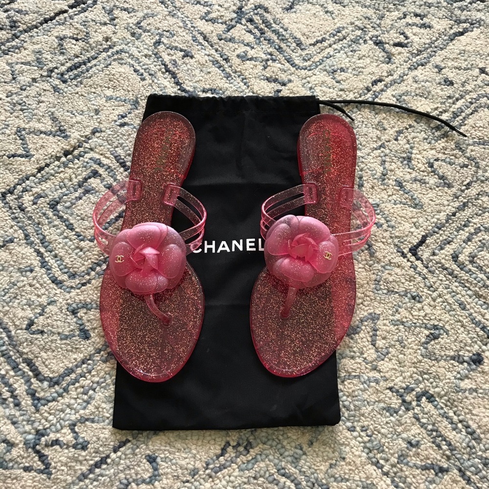 Chanel Pink Glitter CC Camelia Thong Flip Flops 40